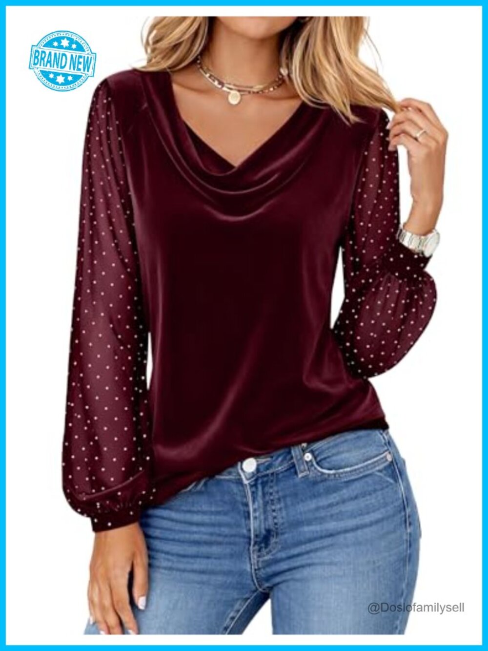 Velvet Cowl Neck Top Rhinestone Mesh Long Sleeve Dressy Blouse